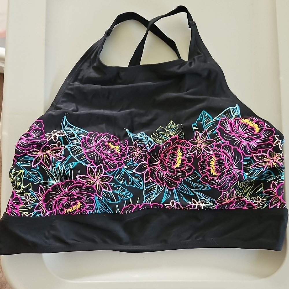 torrid Black Floral High-Neck Swim Top with Neon Embroidery size 1